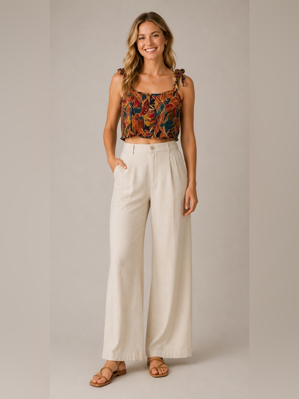 Patrons of Peace Printed Smocked Shoulder Tie Crop Top